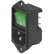KEB2  IEC connector C14 with line switch 2-pole, illuminated, green Screw-on from front side