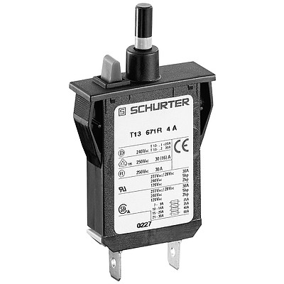 T13-671  Circuit Breaker for Equipment thermal, Snap-in type, Reset type with manual release, Quick connect terminals