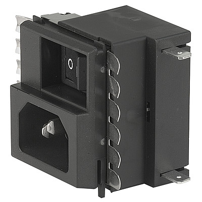 GRM2  IEC Gerätestecker C14 mit Filter, Sicherungshalter 1- oder 2-polig, Spannungswähler, Netzschalter 2-polig, "Lock and Shield"-Montage