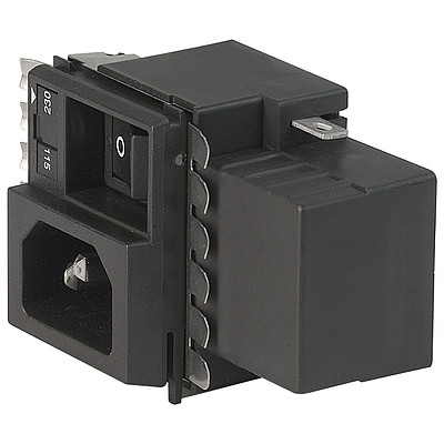 GRM4  IEC Gerätestecker C14 mit Filter, Sicherungshalter 1- oder 2-polig, optional Spannungswähler (Serie-parallel), "Lock and Shield"-Montage