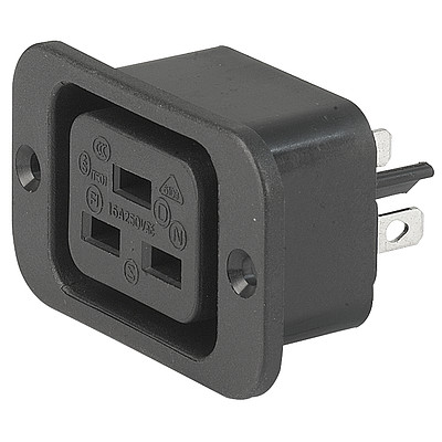 0723  IEC Appliance Outlet J, Screw-on Mounting, Front Side, Solder or Quick-connect Terminal