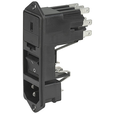 KG  IEC connector C14 with fuse holder 1- or 2-pole with voltage selector and line switch 2-pole Screw-on version from front or rear side