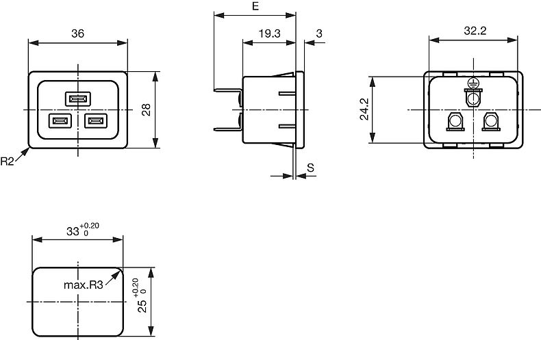 1624 - IEC Appliance Inlet C20, Snap-in Mounting, Front Side, Solder or ...
