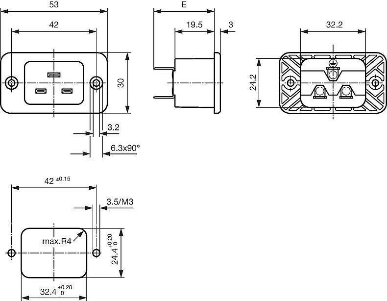 1621 - IEC Appliance Inlet C20, Screw-on Mounting, Front Side, Solder ...