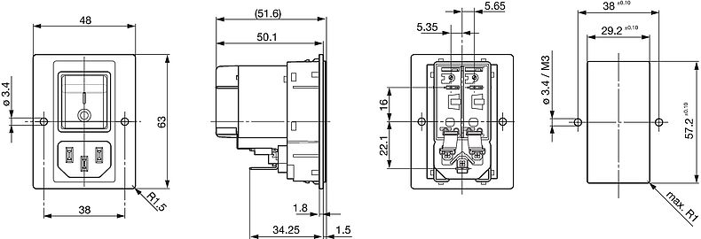 DG11_Massbild_Mehransicht_Schraubversion_B_rückseitig
