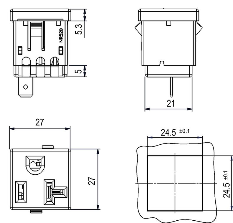 NR520 - NEMA line Outlet 5-20R, Snap-in Mounting, Front Side, IDC- or ...