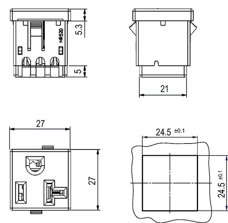 NR520 - NEMA line Outlet 5-20R, Snap-in Mounting, Front Side, IDC- or ...