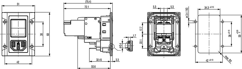 DG11_Massbild_Mehransicht_Schraubversion_IP67_Front_magnetic
